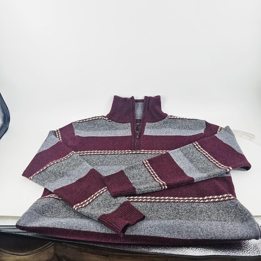 Pronti Quarter Zip Sweater Mens 4XL Burgundy Grey Striped Knit Top College  Work